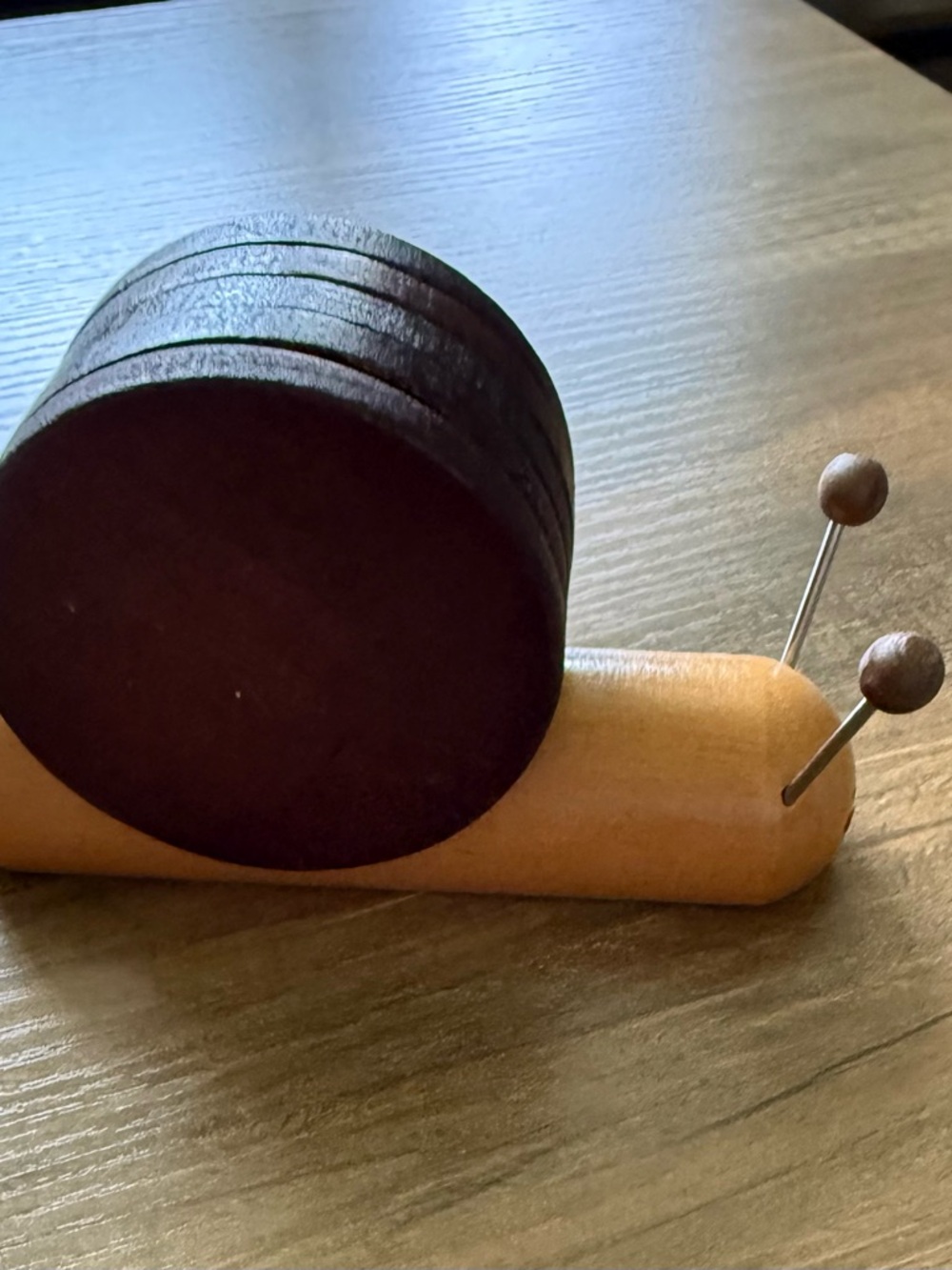 Wooden Snail Pin Cushion in Dark Brown and Natural Wood